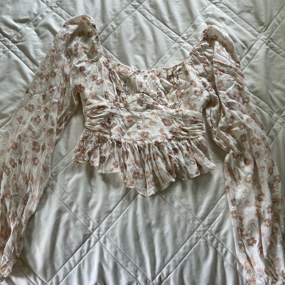Altar'd State Cream Ruffled Peplum Blouse with Puff Sleeves
